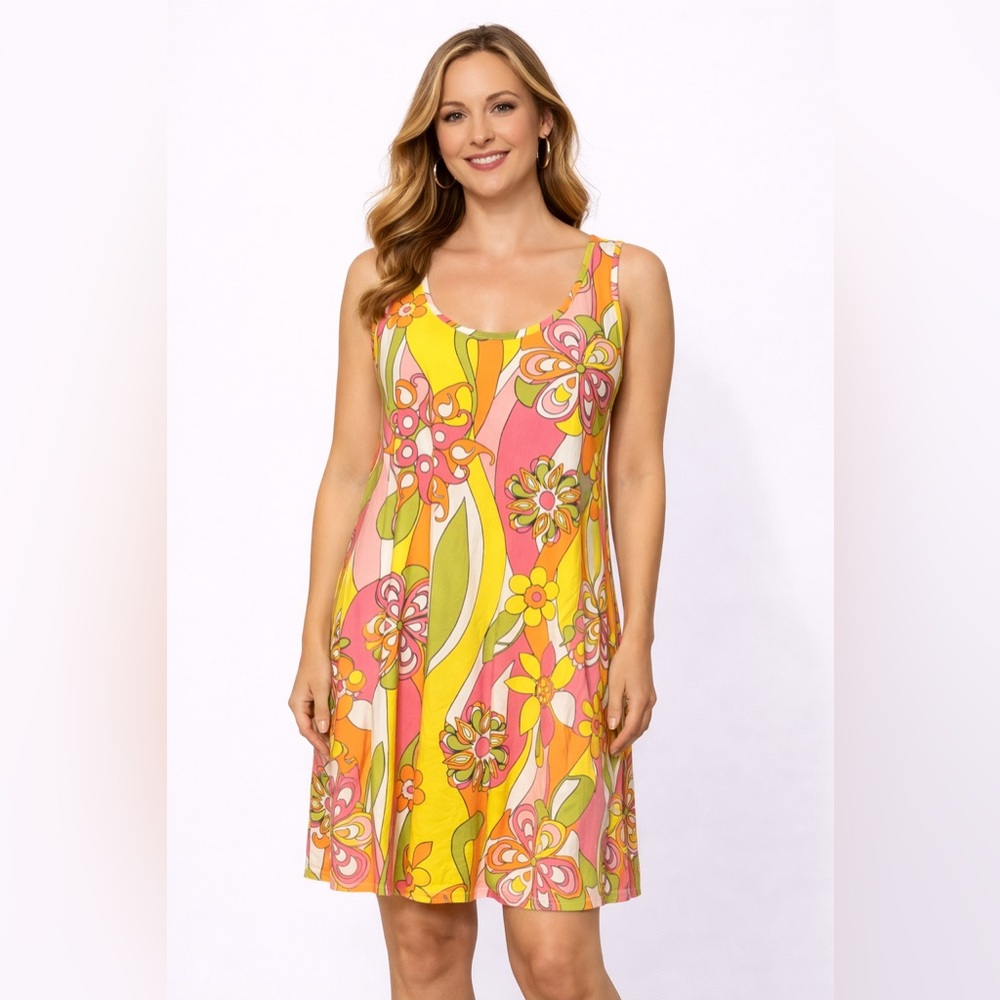Sleeveless Floral Swing Tank Dress in Yellow, Pink & Orange